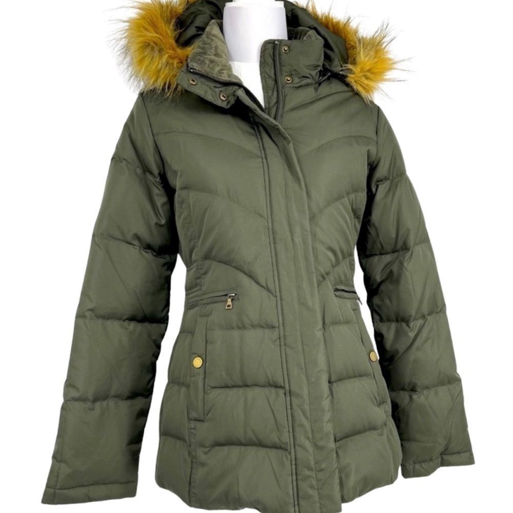 Larry Levine army green faux fur hooded down parka